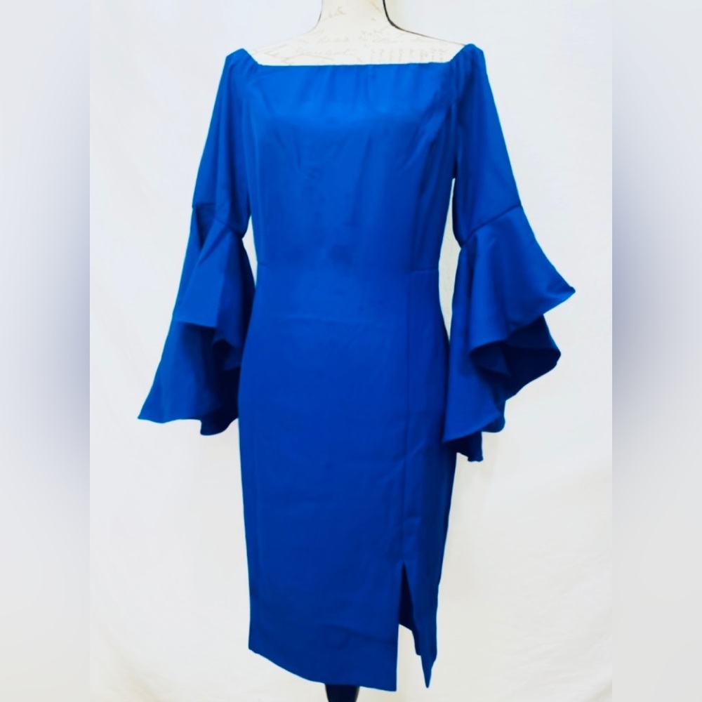 Venus Blue Form Fitting Off Shoulder Dramatic Flounce Ruffle Sleeve Dress